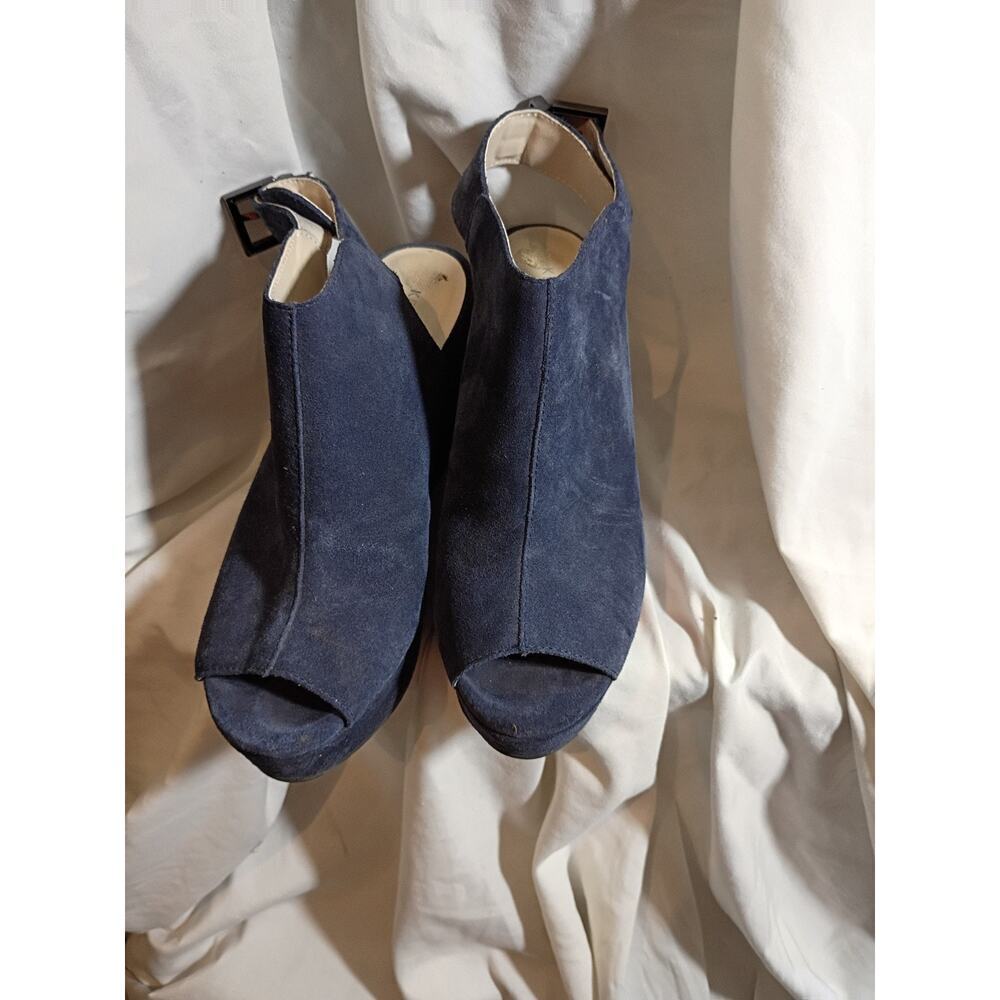 Kenneth Cole Blue Suede Wedge Shoes Open Toe Floral Embroidery Sz 8 Boho...